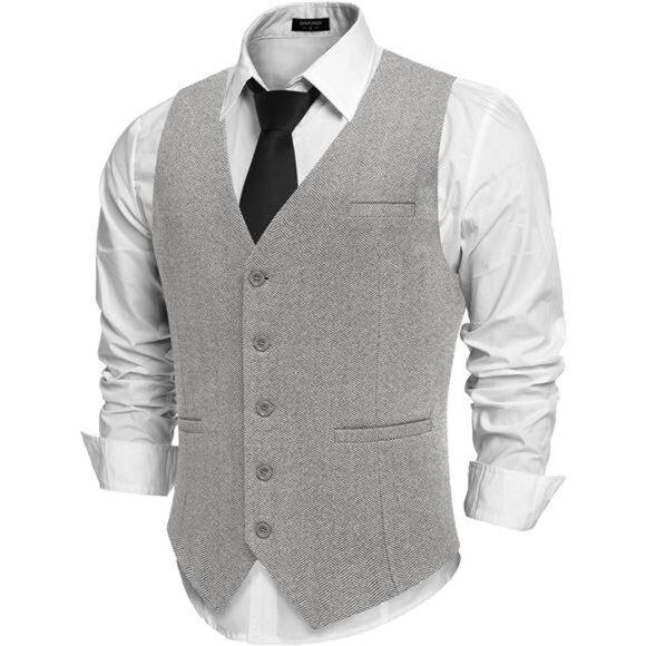 Men's Tweed Suit Vests Slim Fit Waistcoat Light Grey